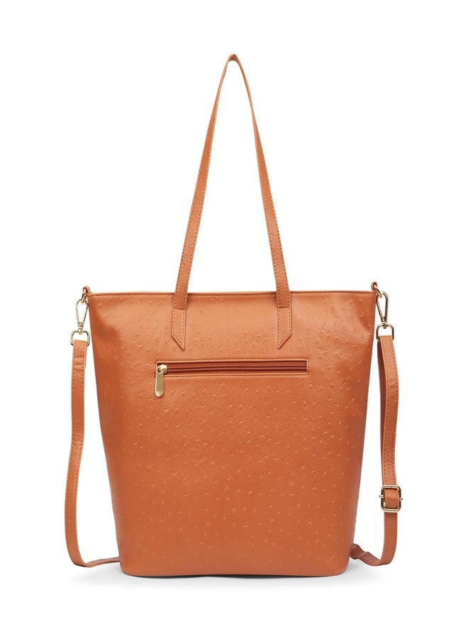 كابريس حقيبة كابريس الكبيرة من جلد النعام للنساء، مزودة بحزام قابل للتعديل والفصل | حقيبة أنيقة للكتف واليد | تتسع لأجهزة الكمبيوتر المحمولة حتى 16 بوصة | تصميم متين متعدد الجيوب للعمل والسفر (لون بني فاتح) - Image 5